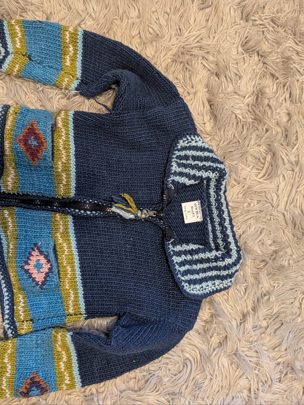Hand-Knit Style Navy Zip Sweater with Aqua & Olive Accents Made In Equador